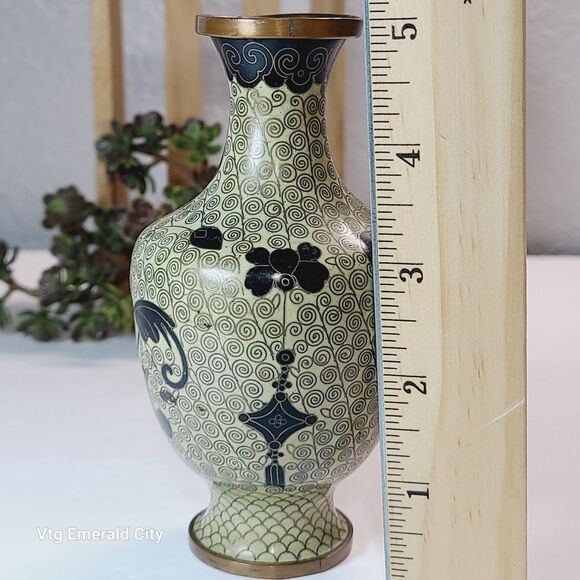 VTG Japanese Vase Enamel on Copper Cream, Black & Gold Cloisonne Swirling 1930 - Picture 4 of 11